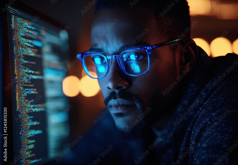 Aufkleber focused male programmer analyzing code on computer screen with bright visuals in dark room, emphasiz