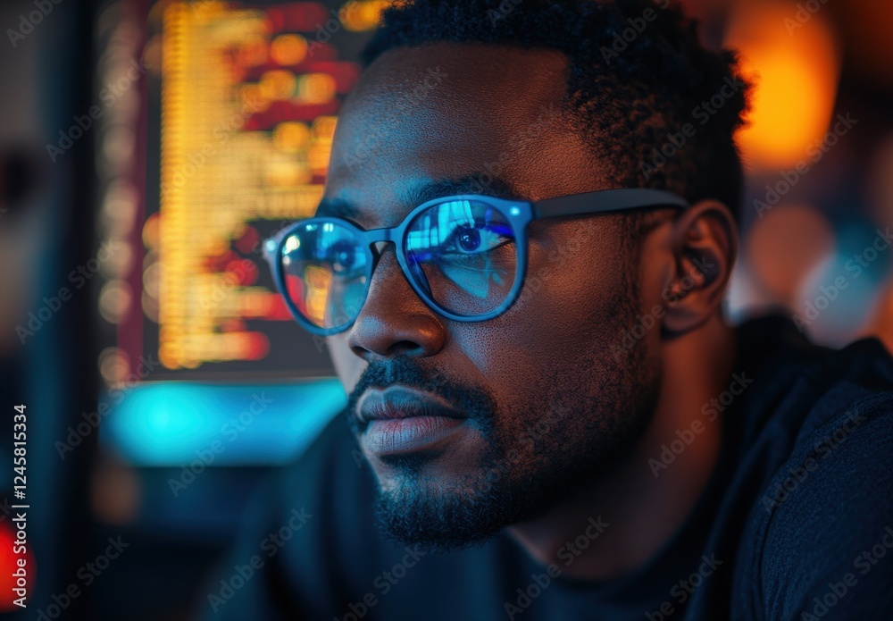 Aufkleber focused male programmer in glasses working at computer with code in background during night with col