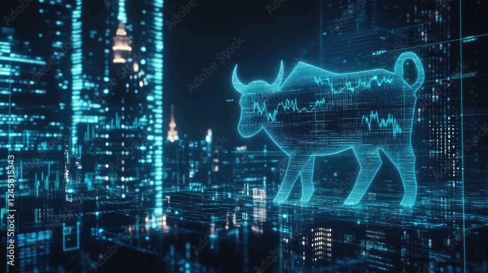 Poster a dynamic view of stock market data with rising share prices and a bull icon, against the backdrop o