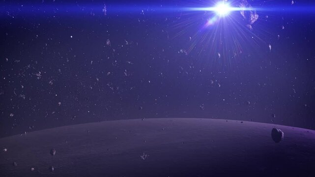 The moon with asteroids hovering close

The gentle curve of a moon&rsquo;s surface glows softly under the vast cosmic sky, with distant stars and a radiant celestial light creating a serene, otherworldly sc