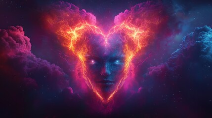 Fiery Nebula Face Abstract Cosmic Portrait.