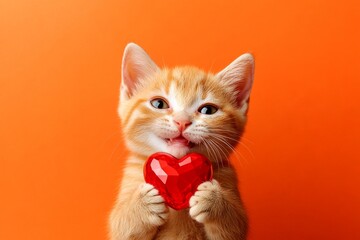 Obraz premium Donskoy - my desired cat. Ad concept creative design idea. Cute donskoy baby cat with diamond red heart - sign of love, funny greeting card. Kitten heart photo. Pet with love. Cute pet.