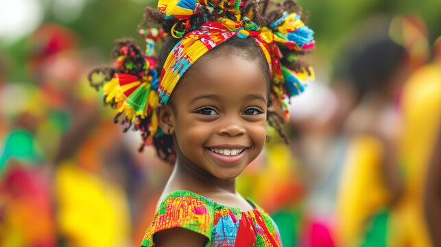 A smiling African child with a colorful hair tie celebrates Guyana's Republic Day at an outdoor event. The atmosphere is lively with party decorations, traditional clothing and joyful expressions