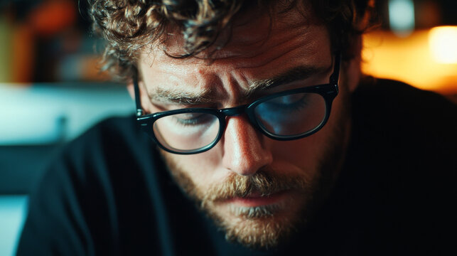 Focused caucasian bearded man with glasses in a thoughtful moment under warm ambient lighting
