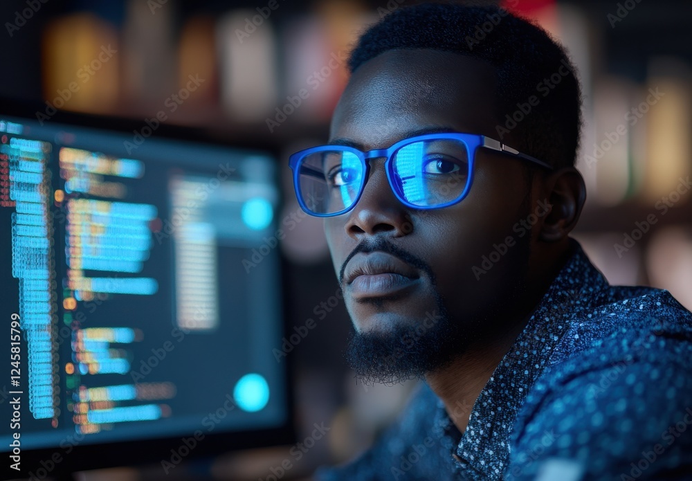 Poster focused software developer working late at night in a modern office with coding language displayed o