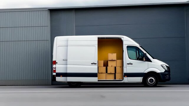 A white van is parked on the side of the road with its door open. The van is filled with boxes, and it is a delivery van. Concept of productivity and efficiency