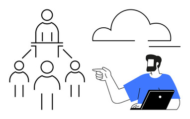 Hierarchical structure diagram with four figures connected. Man with laptop pointing right at cloud icon. Ideal for teamwork, collaboration, digital transformation, remote work, leadership, cloud