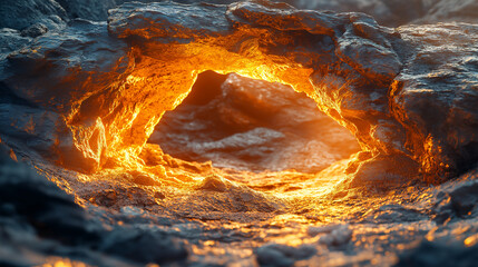 Unique twisted rock formation illuminated by molten lava in a volcanic landscape during golden hour