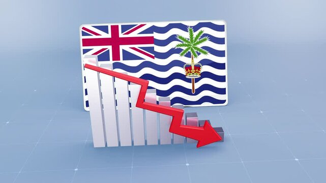 British Indian Ocean Territory country flag and bar chart graph showing decreasing values a red arrow economic crisis concept. 