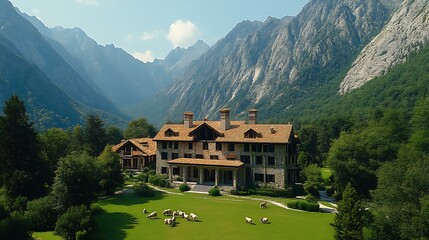 Obraz premium Mountain Residence with Sheep Grazing on Lush Green Lawn in Picturesque Valley Scenery