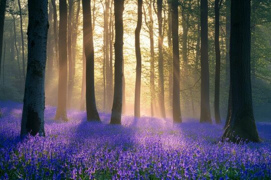 Sunbeams illuminate misty bluebell forest path