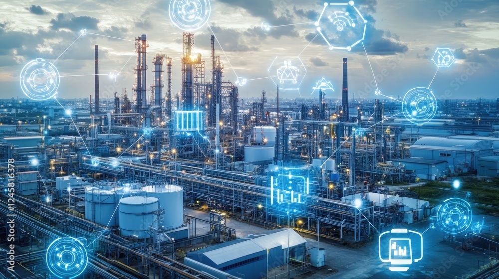 Poster A factory floor where machines are connected and communicating with a central hub over a 5G network, highlighting the power of digital synchronization.