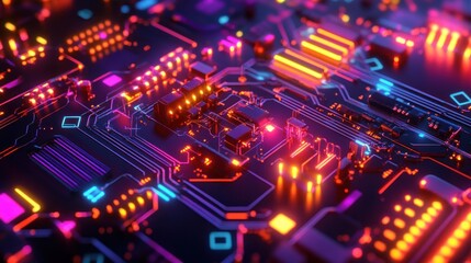 Obraz premium A vibrant close-up of complex circuit board with interconnected components and glowing lights