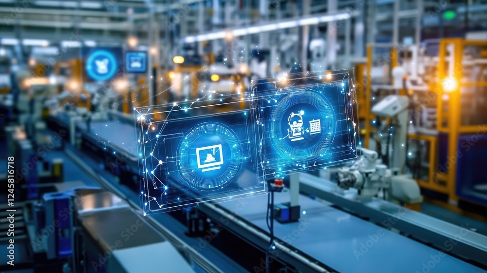Poster A factory floor where machines are connected and communicating with a central hub over a 5G network, highlighting the power of digital synchronization.