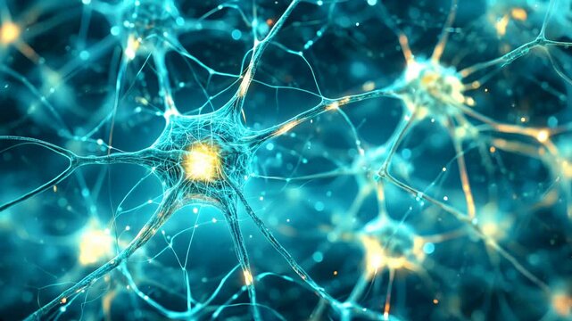 Detailed depiction of neurons transmitting signals. The microscopic view highlights the intricate workings of the nervous system.