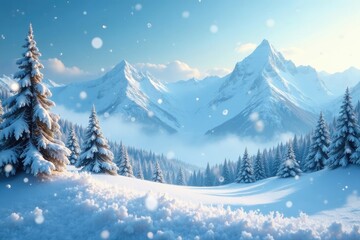Fototapeta premium Snowflakes gently falling on a winter landscape, serene atmosphere, frosty morning, icy peaks