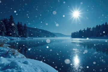 Snowflakes gently fall on a serene frozen lake under the soft illumination of the full moon, winter wonderland, moonlit night