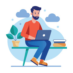 a man is sitting on the table with his laptop