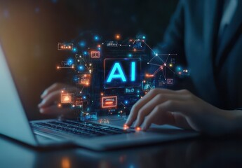 Fototapeta premium Futuristic Concept of Artificial Intelligence Technology Overlaid on Laptop Keyboard for Digital Transformation and Innovation in Business Processes