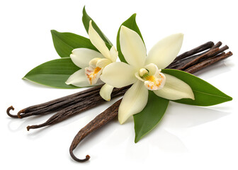Vanilla flower with pods and leaves isolated on white background, Cut out