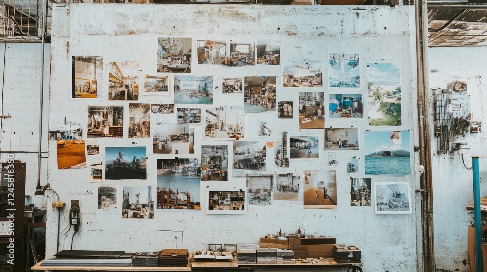 Poster a factory wall adorned with photos of local suppliers and collaborative projects, highlighting commu