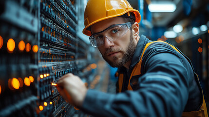Electrical Engineer inspecting maintaining electrical infrastructure Control System technology concept.