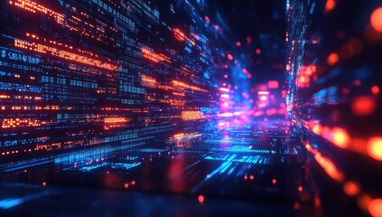 Obraz premium Futuristic Data Stream in Abstract Digital Environment with Bright Lights and Vibrant Colors Evoking Technology and Innovation