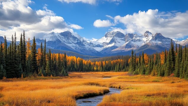 Autumnal mountain valley stream, golden grasses, snow-capped peaks