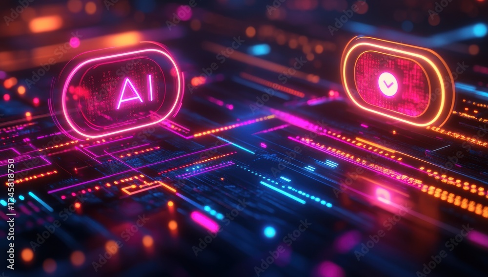 Poster futuristic digital background depicting ai technology and data processing with neon elements and cir