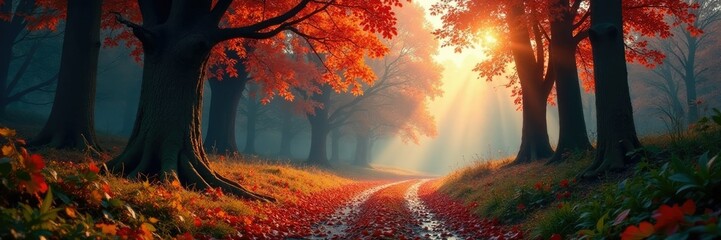 Un bosco con foglie autunnali cadenti in aria, autunno, manto, luce