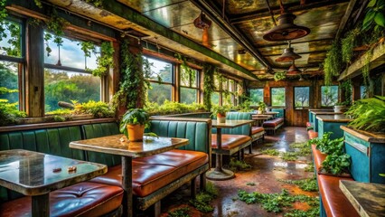 Naklejka premium Abandoned Diner Urban Exploration Photography, Decaying Food, Rusty Kitchen, Vintage Restaurant, Forgotten Meal, Post-Apocalyptic Food Scene