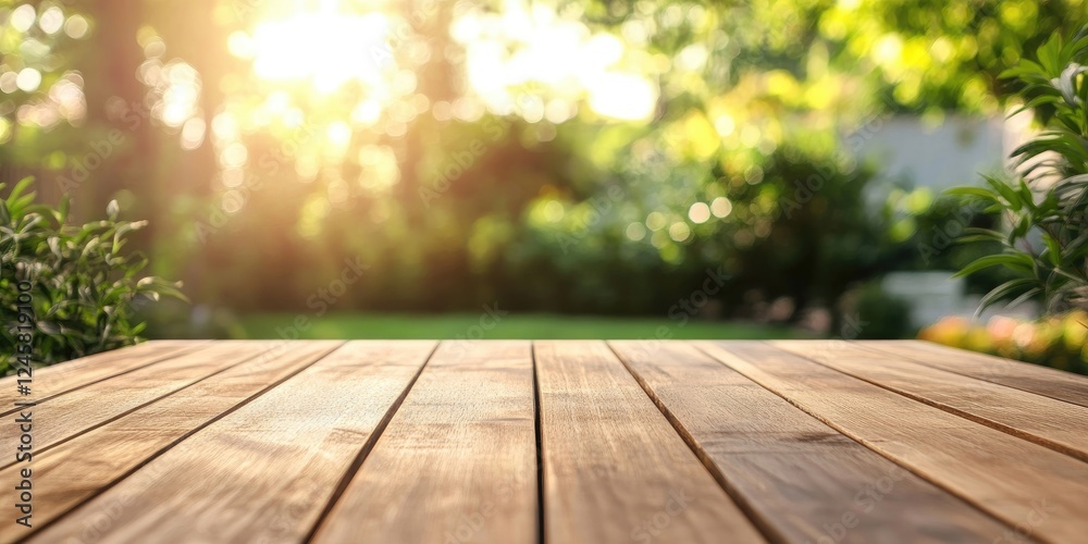 Fototapete wooden tabletop in the foreground with sunlit blurred natural background featuring greens and soft b