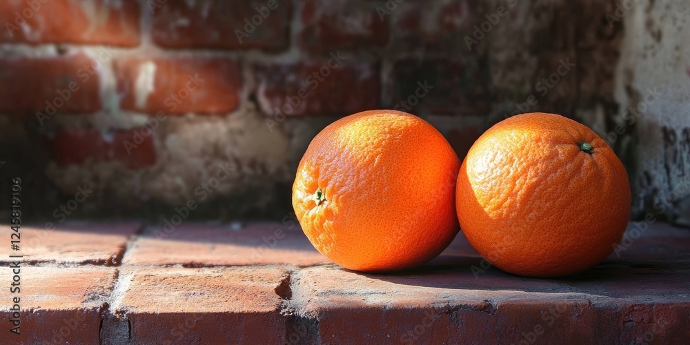 Poster Two vibrant oranges on a rustic red brick surface, positioned side by side with soft shadows highlighting their texture and color.