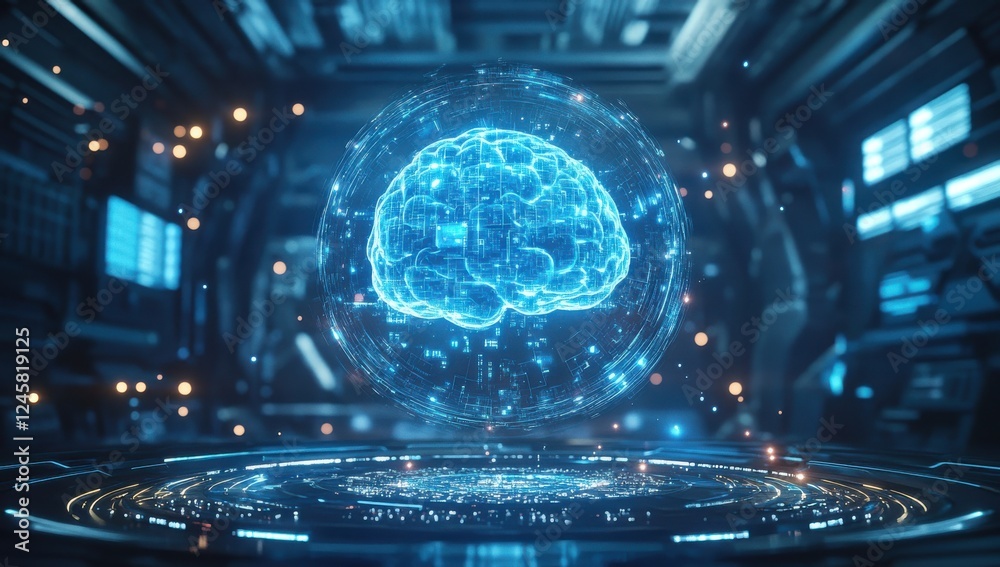 Poster futuristic digital brain visualization in high-tech environment with illuminated circuits and glowin