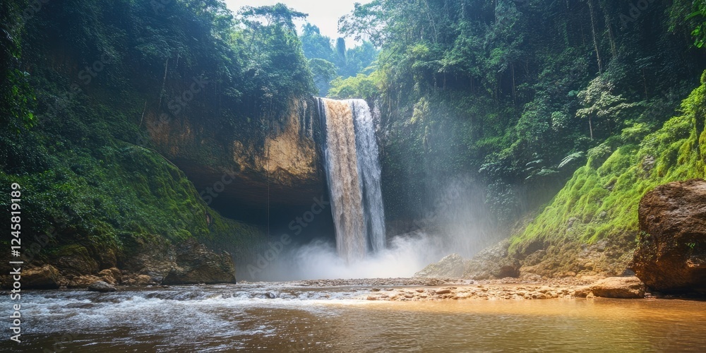 Poster majestic waterfall cascading down rocky cliffs surrounded by lush greenery and mist over a tranquil 