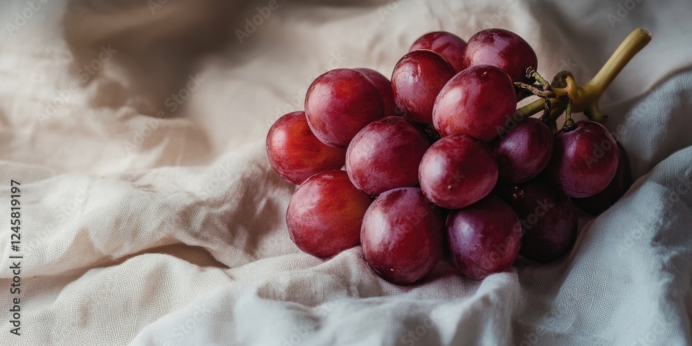 Poster fresh red grapes clustered on a light beige cotton backdrop with soft folds creating a natural textu