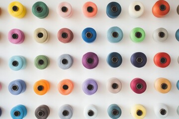 Fototapeta premium Colorful spools of thread display craft store textile collection indoor eye level creativity showcase