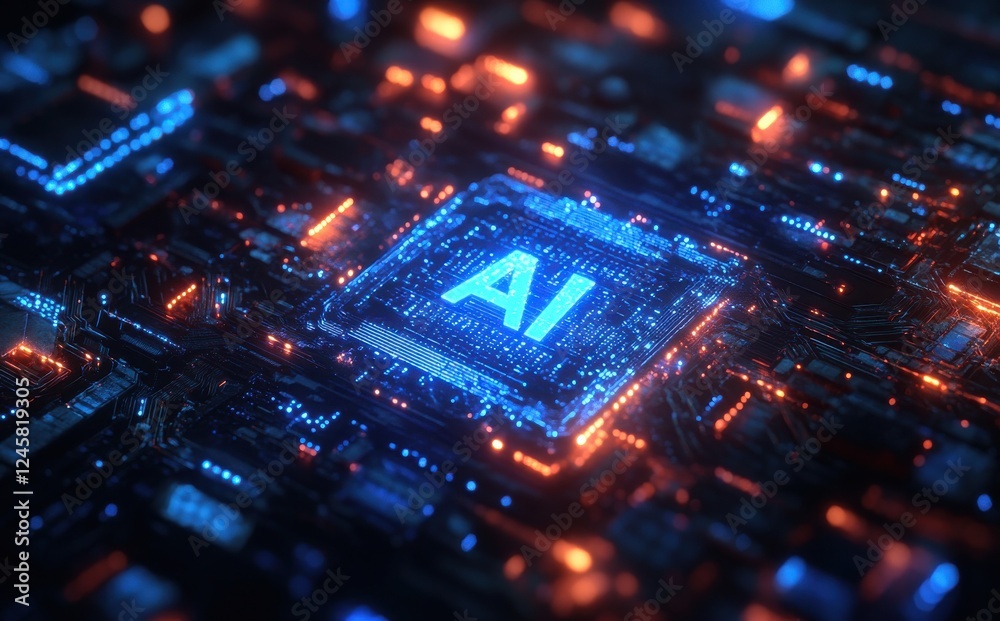 Poster futuristic digital circuit board design featuring glowing components and an illuminated ai symbol re