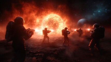 This image depicts astronauts armed in a dramatic standoff against a blazing sun in a stunning cosmic environment with two distant planets in the background, creating tension.