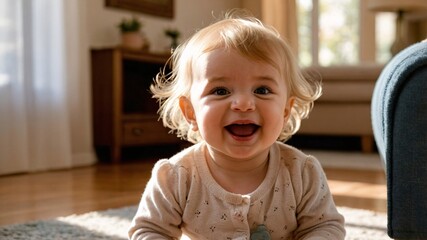 Fototapeta premium Joyful moments of a baby in a cozy living room filled with sunlight, showcasing cheerful laughter and innocent happiness during a playful afternoon