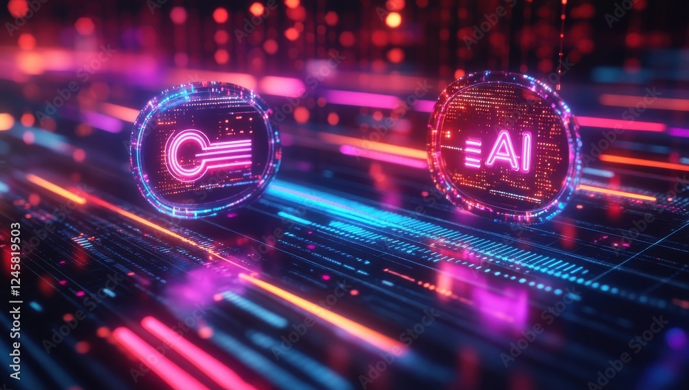 Poster futuristic digital concept representation of technology with ai and programming symbols in neon colo