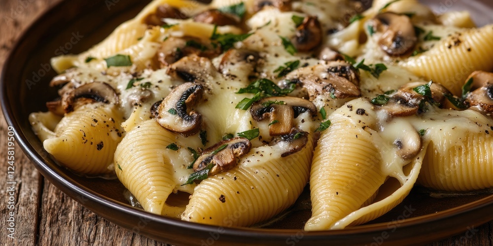 Poster delicious creamy pasta shells filled with mushrooms and cheese topped with fresh parsley on a rustic