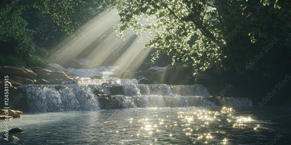 Aufkleber serene waterfall cascading over rocks under sunbeams with shimmering reflections on water surrounded