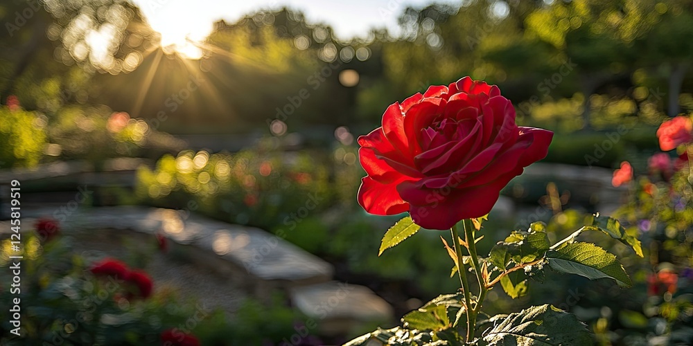 Poster vibrant red rose in focus against lush green garden background with sunlight streaming through trees