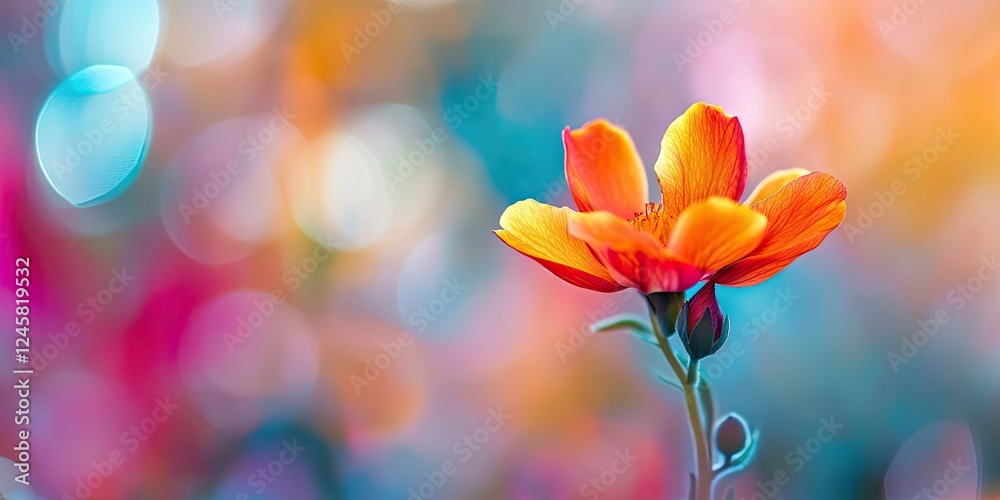 Poster vibrant orange flower in sharp focus against a blurred, multicolored bokeh background with soft blue