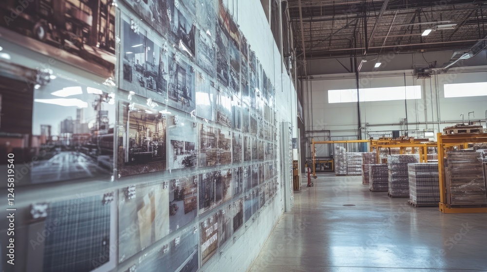 Poster a factory wall featuring photographs of local suppliers and joint manufacturing projects, illustrati