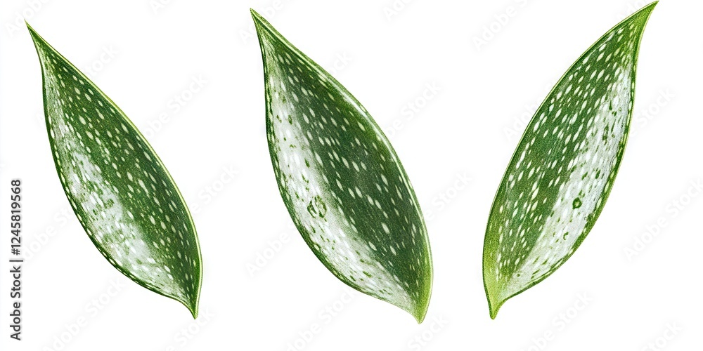 Poster Three elongated green leaves with white speckled patterns arranged horizontally on a white background showcasing their unique textures and shapes.