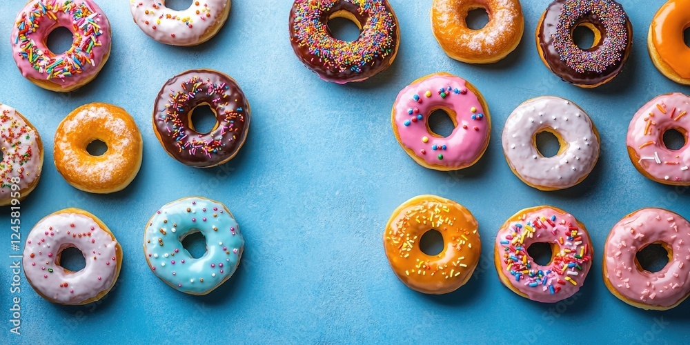 Poster colorful assortment of glazed donuts with various toppings arranged on a blue background showcasing 