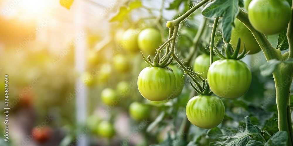 Poster Green tomatoes hanging from lush green branches in a bright greenhouse at sunset with ample space for text and soft background bokeh effect.
