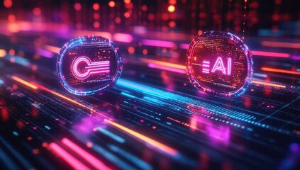 Obraz premium Futuristic Digital Concept Representation of Technology with AI and Programming Symbols in Neon Colors Over a Cyber Background